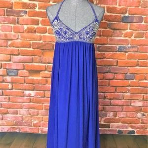 Nightway Cobolt Blue Jeweled Halter Evening Dress